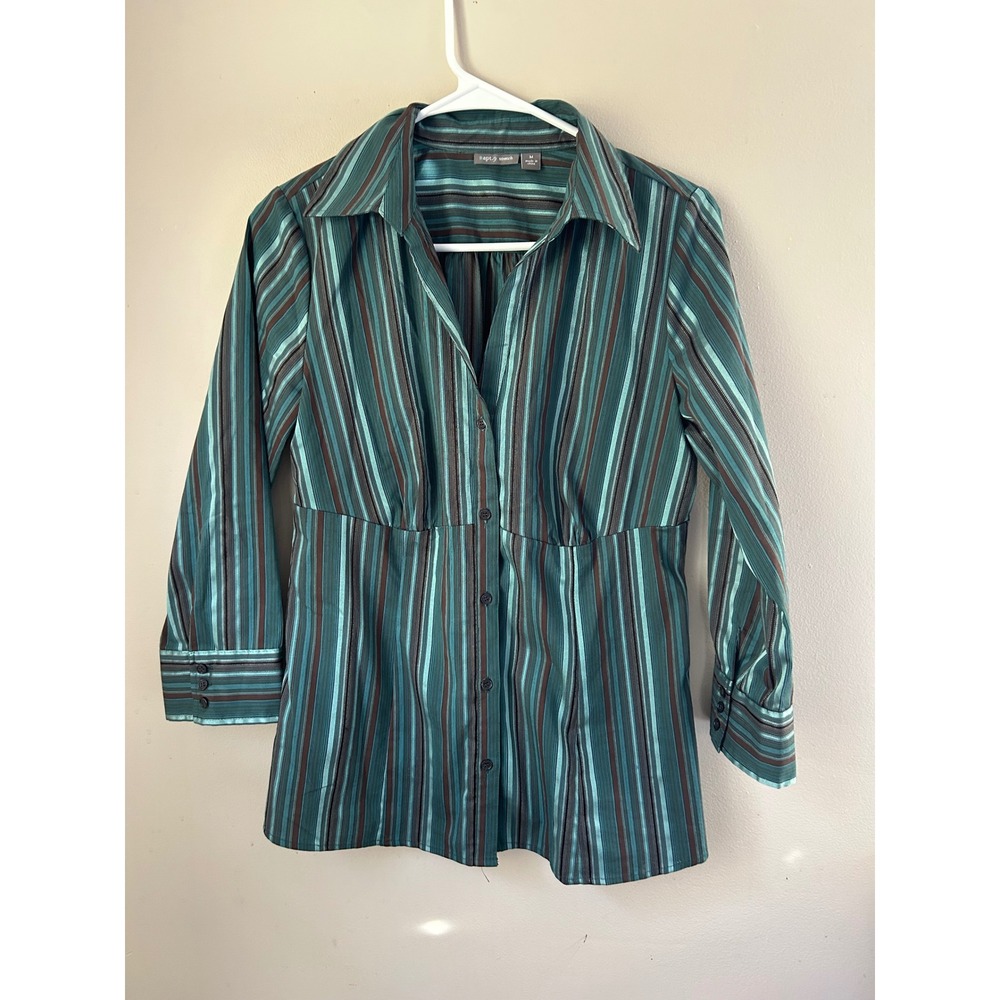 y2k Apt 9 Stretch Teal Brown Blue Stripe Button Up Shirt‎ Size M 2000s Office